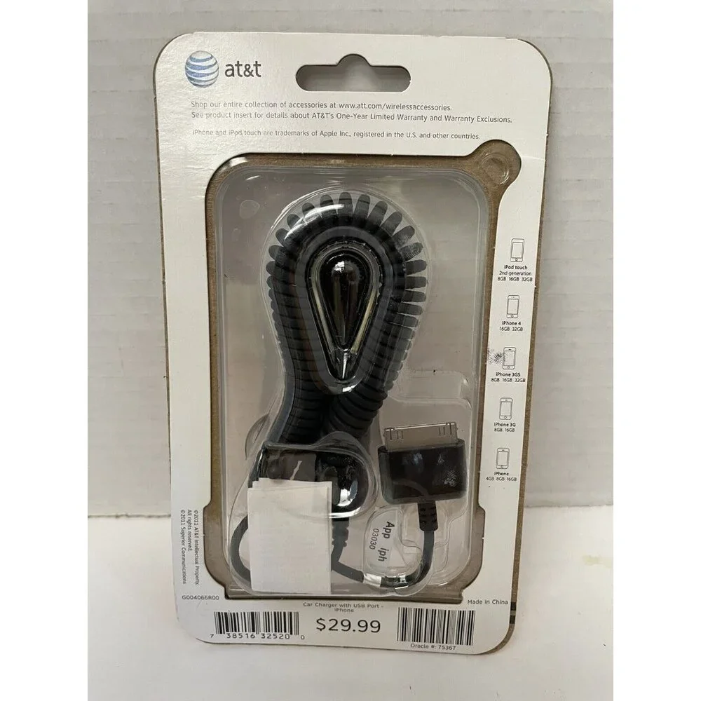 AT&T CAR CHARGER USB PORT- BRAND NEW‎ FOR IPHONE 4 -3GS 3G Old Tech New